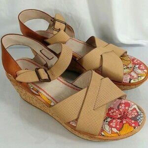 SierraWest Women's Beige Cork Wedge Open Toe Leather Sandals Floral Shoes Size 9